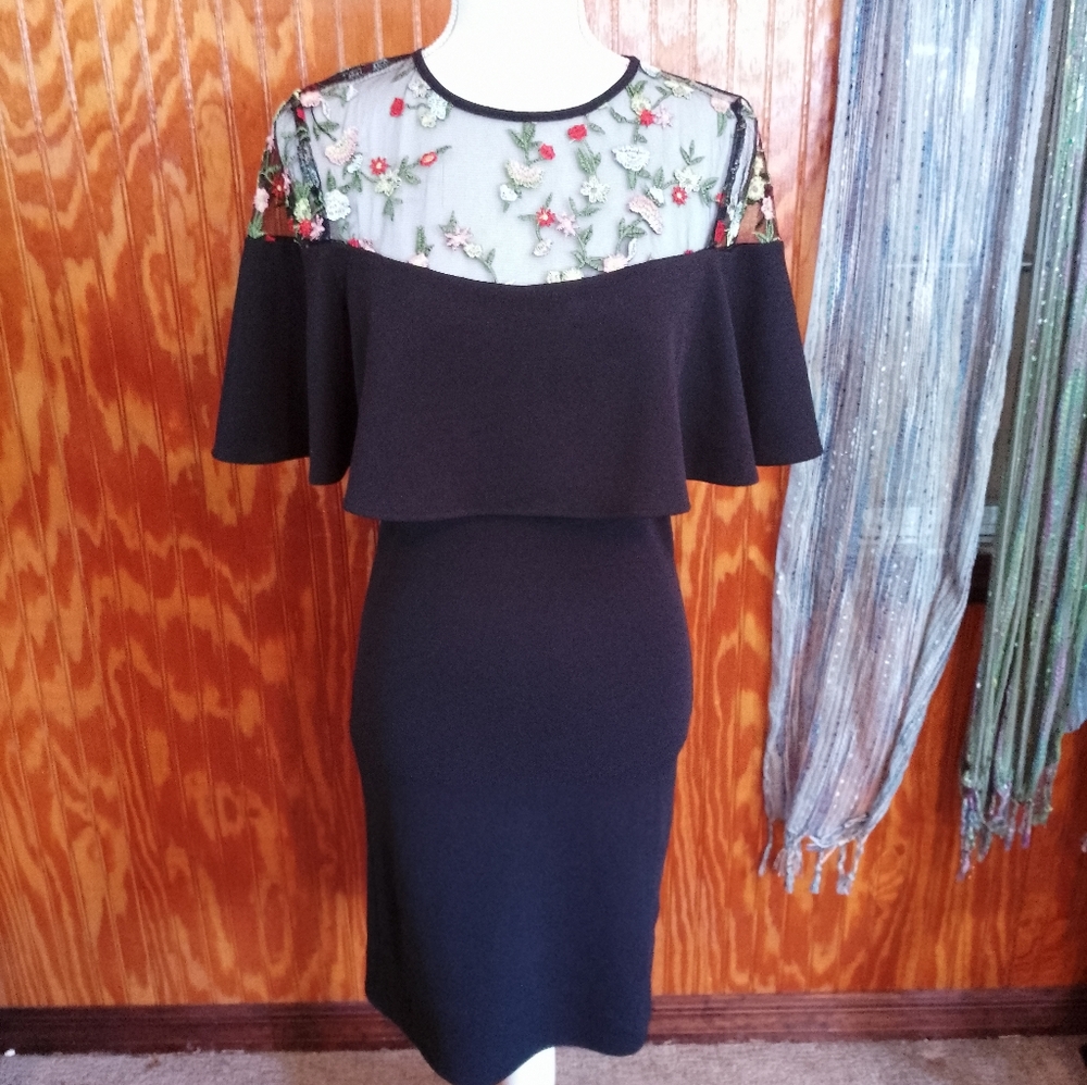 Lulu's Sheer Embroidery Cape Top Form Fitting Dress
